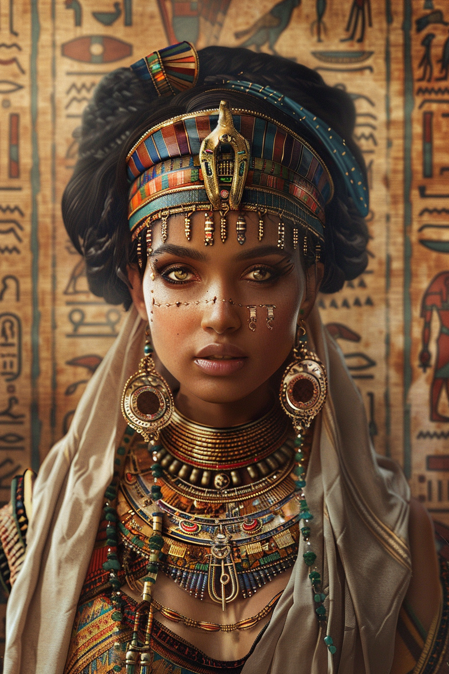 Ancient pregnant woman with ornate jewelry in Egypt.