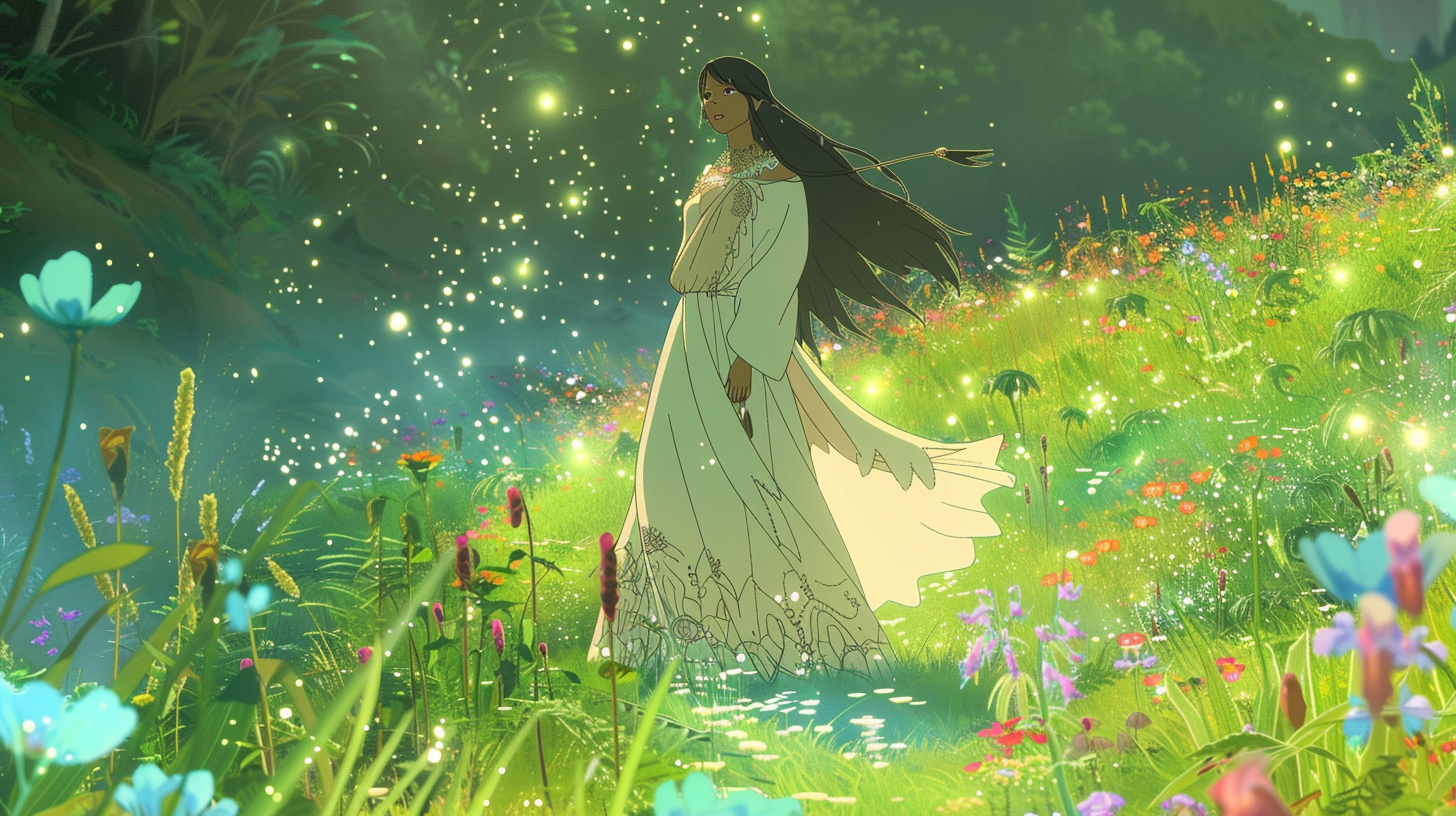 Anime Kim Kardashian in magical Ghibli fantasy world.