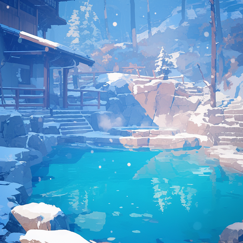 Anime Snowmelt Springs Illustration: Tranquil Winter Oasis