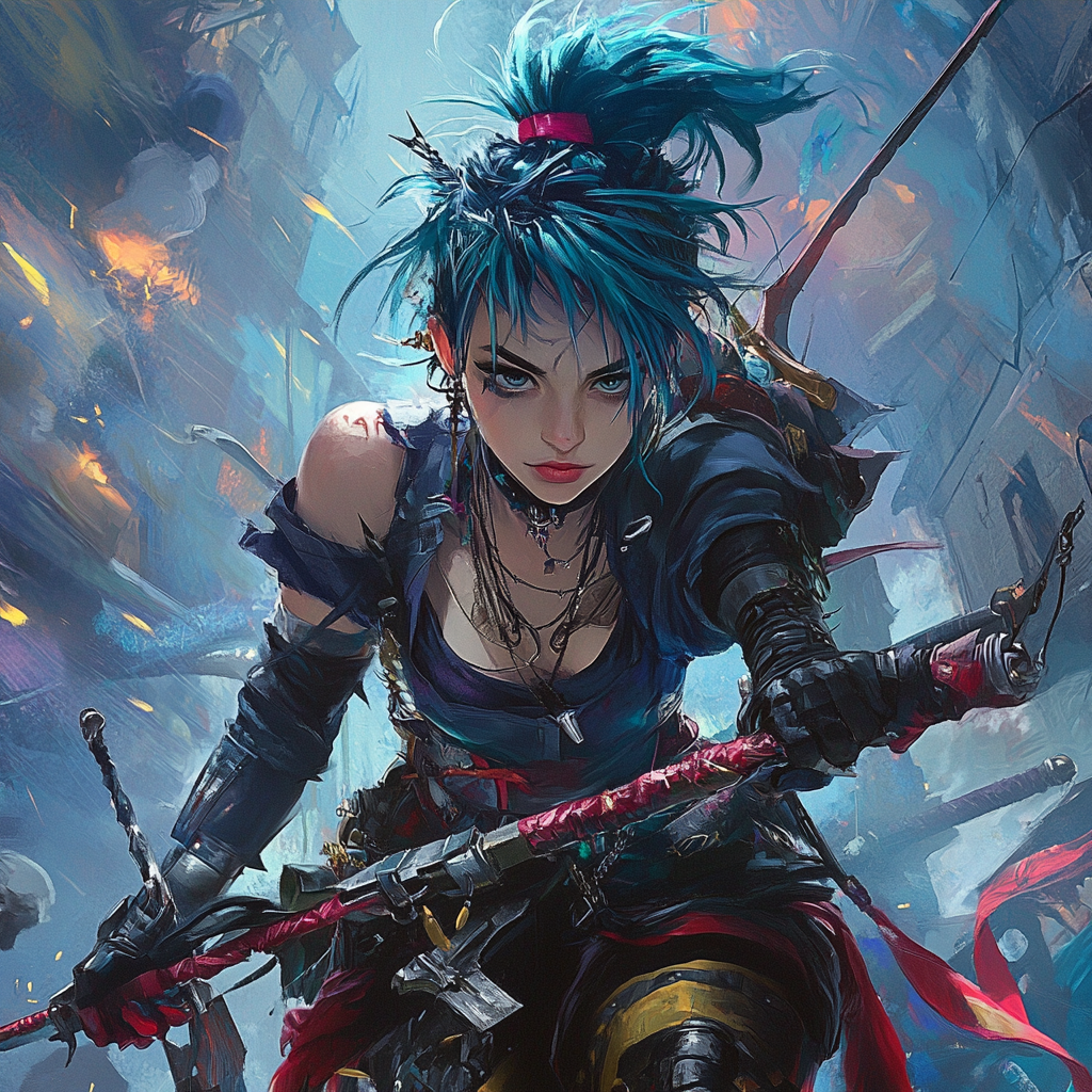 Anime-inspired female characters with spiky hair and oversized weapons.