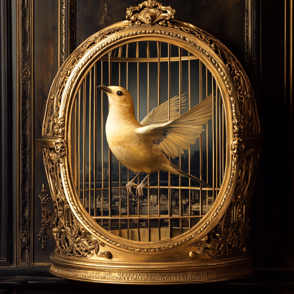 Antique birdcage with lifelike painting of bird about escape.