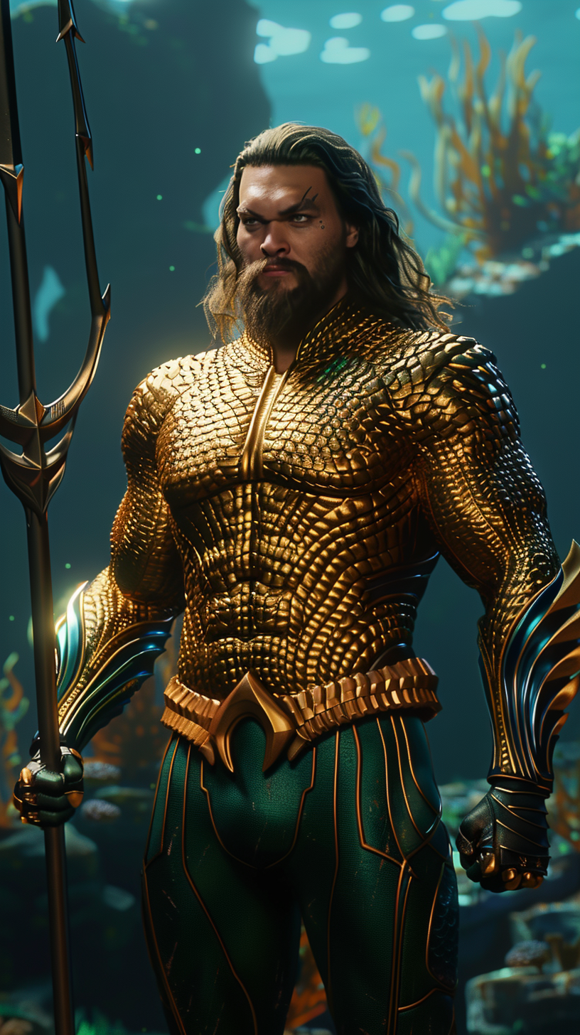 Aquaman in golden Atlantean armor with trident in hand.