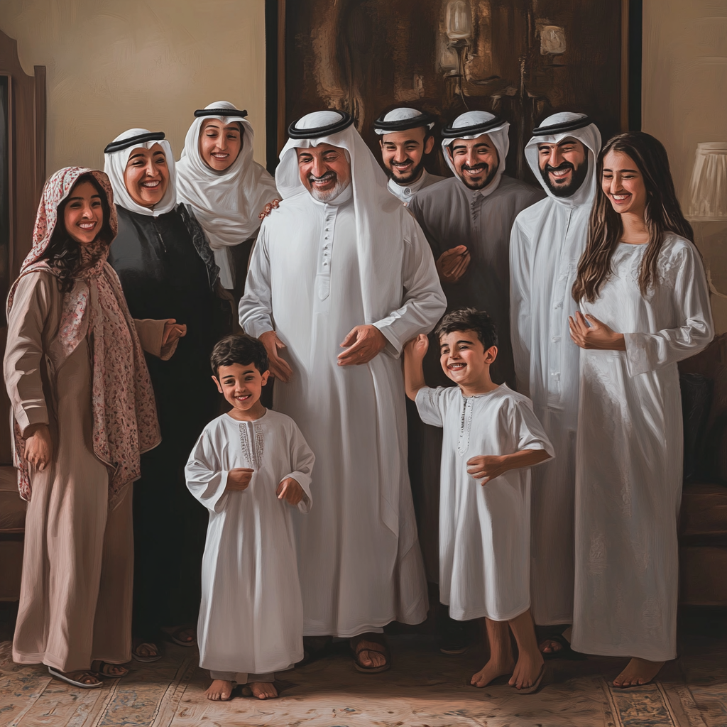 Arab family, Gulf, living room, sons, daughters, father, boy, realistic.