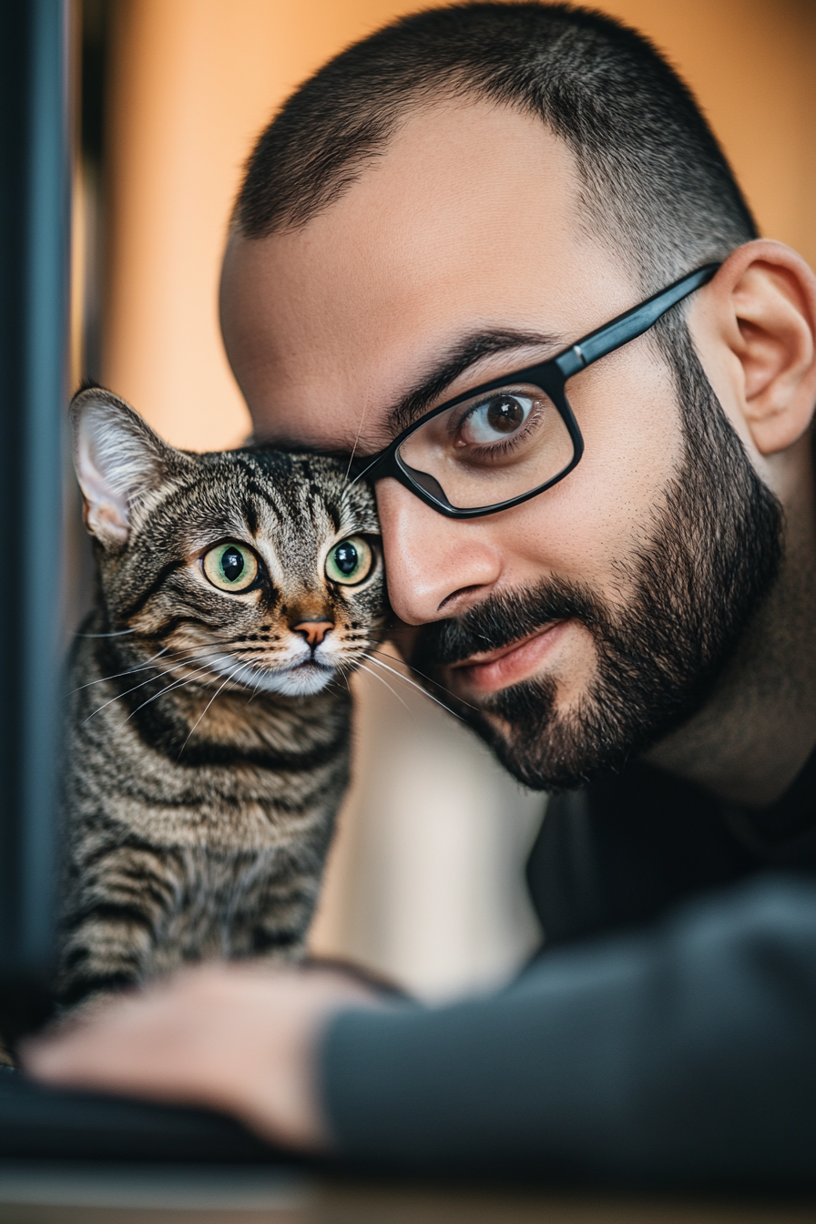 Arab sales manager with glasses, cat near computer camera.