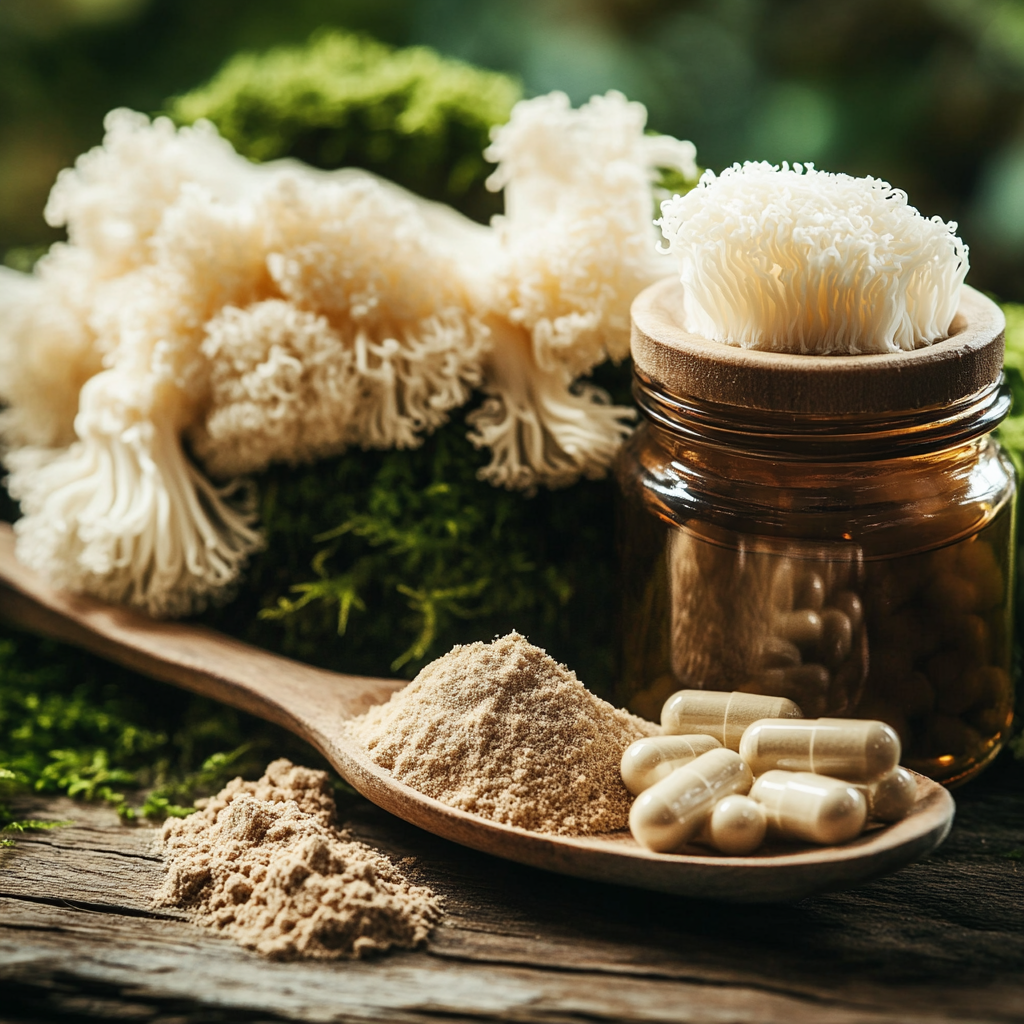 Arrangement of Lion's Mane mushroom supplements on display.