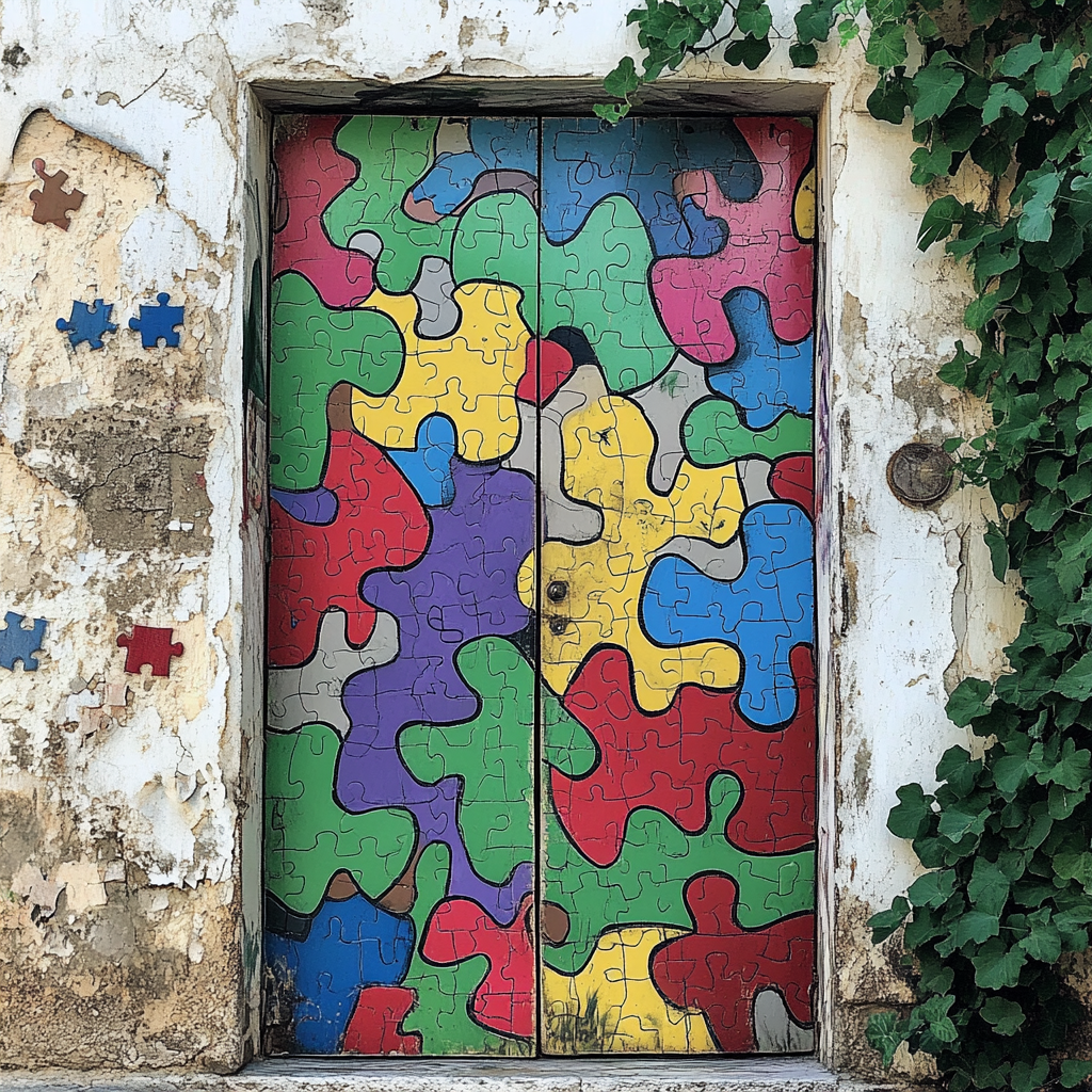 Artistically hand-painted, interlocking puzzle door in vibrant colors.