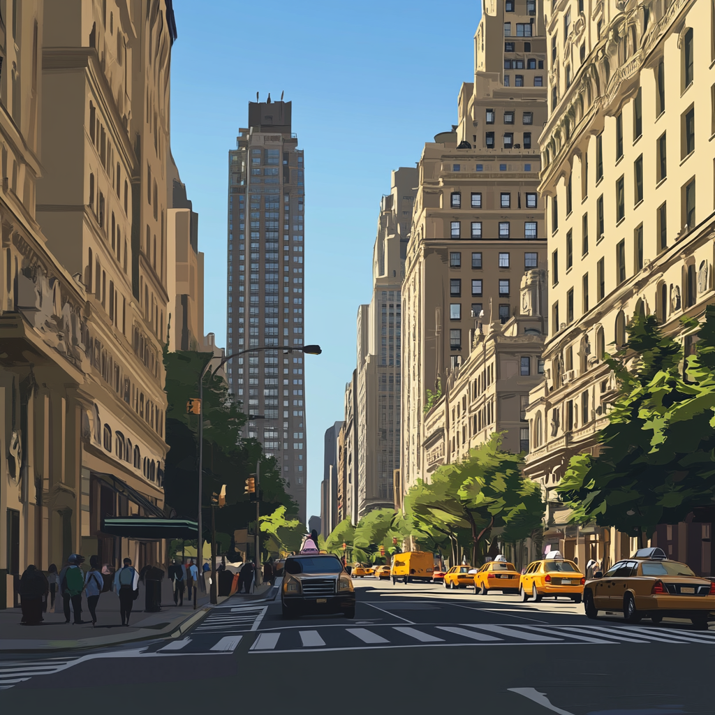 Artwork of GTA 5 in Manhattan plaza, cel shading.