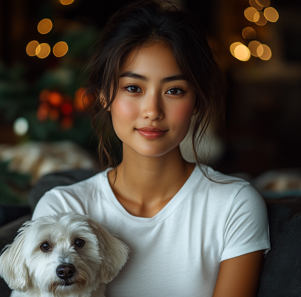 Asian woman in white shirt smiling in living room.