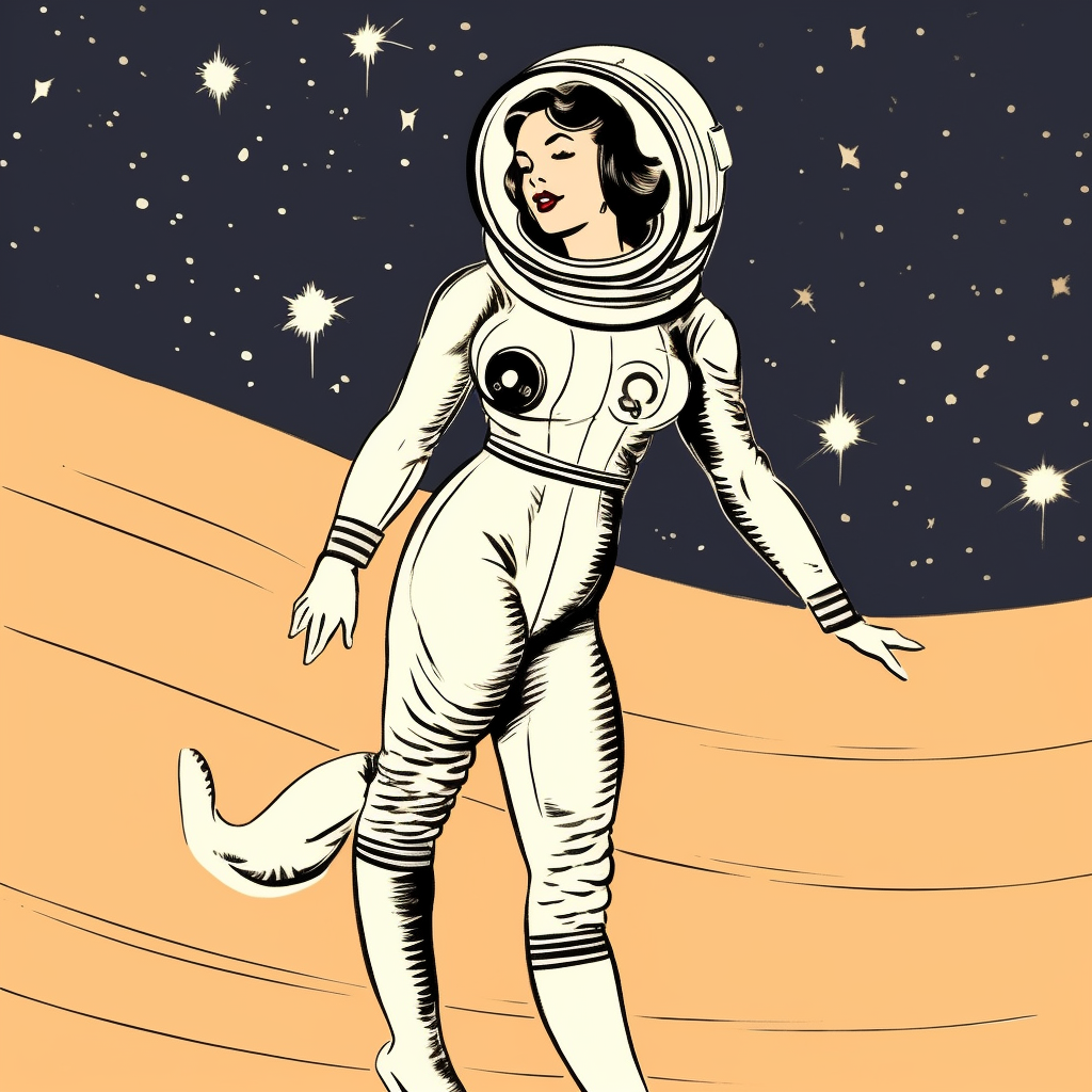 Astronaut pin-up babe in space, cute vintage style.