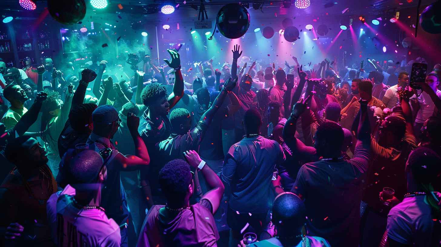 Athletes and politicians party under colorful nightclub lights, dancing.