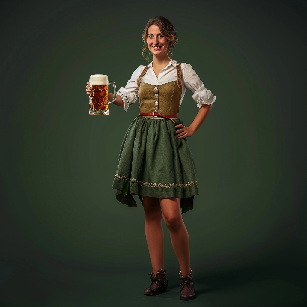 Attractive Oktoberfest woman in green dirndl holding beer mug