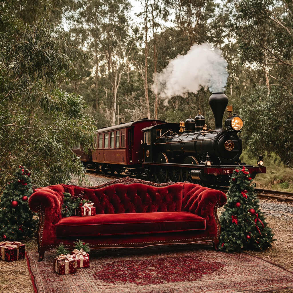 Australian bush Christmas scene with vintage steam train.