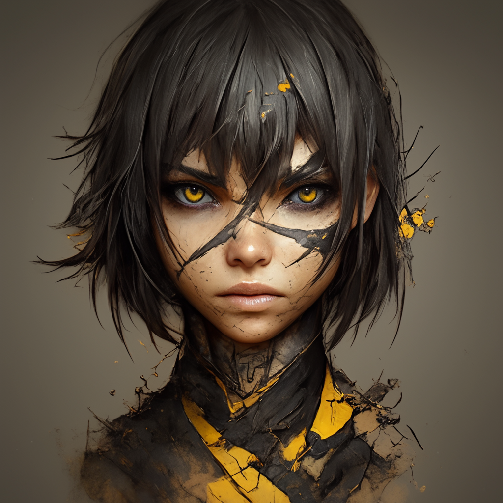 Avatar character with half burned face, gothic cyberpunk girl.