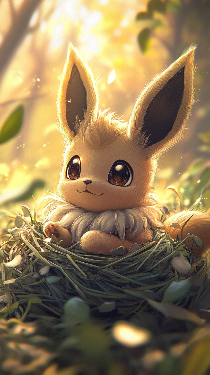 Baby Eevee in grass nest, sunny meadow, excited.