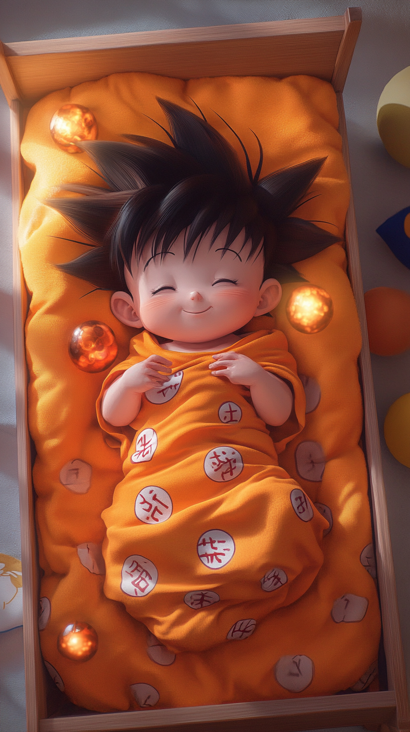 Baby Goku sleeping in crib with Dragon Balls, cozy setting.