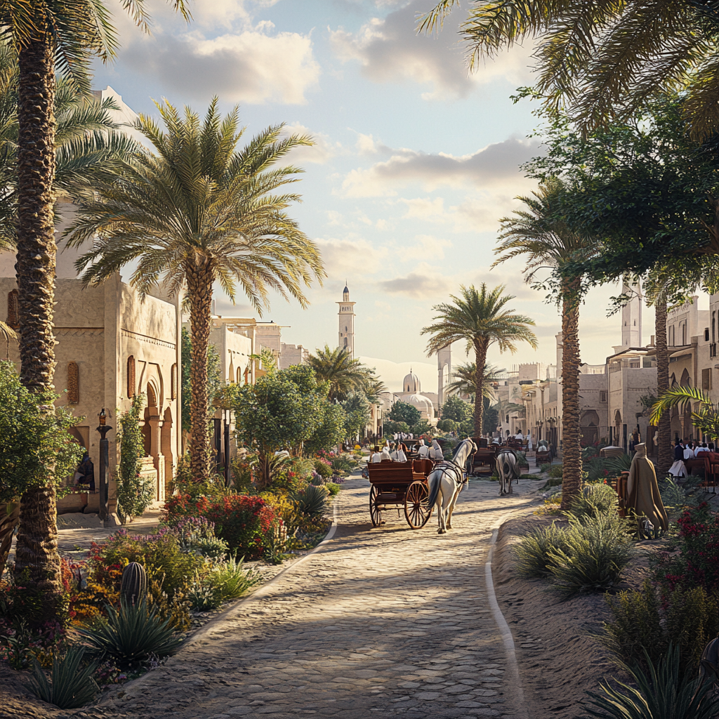 Background image of old Abu Dhabi city, imaginative, realistic.