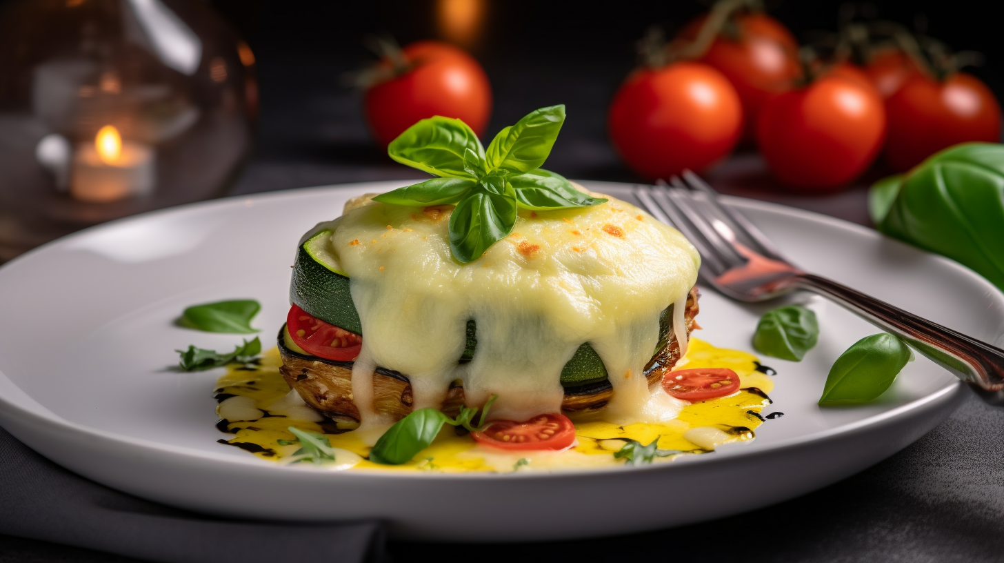 Baked zucchini and tomatoes with melted mozzarella cheese.