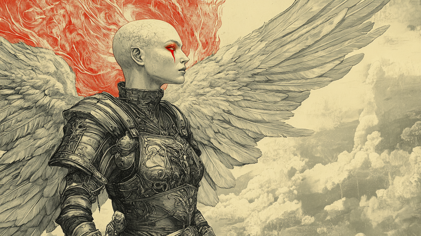 Bald female angel in red eyes and armor flying.