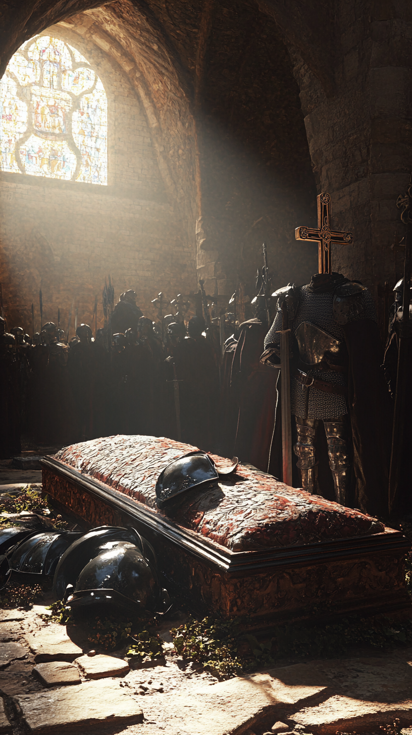 Baldwin IV's tomb surrounded by mourners and armor.