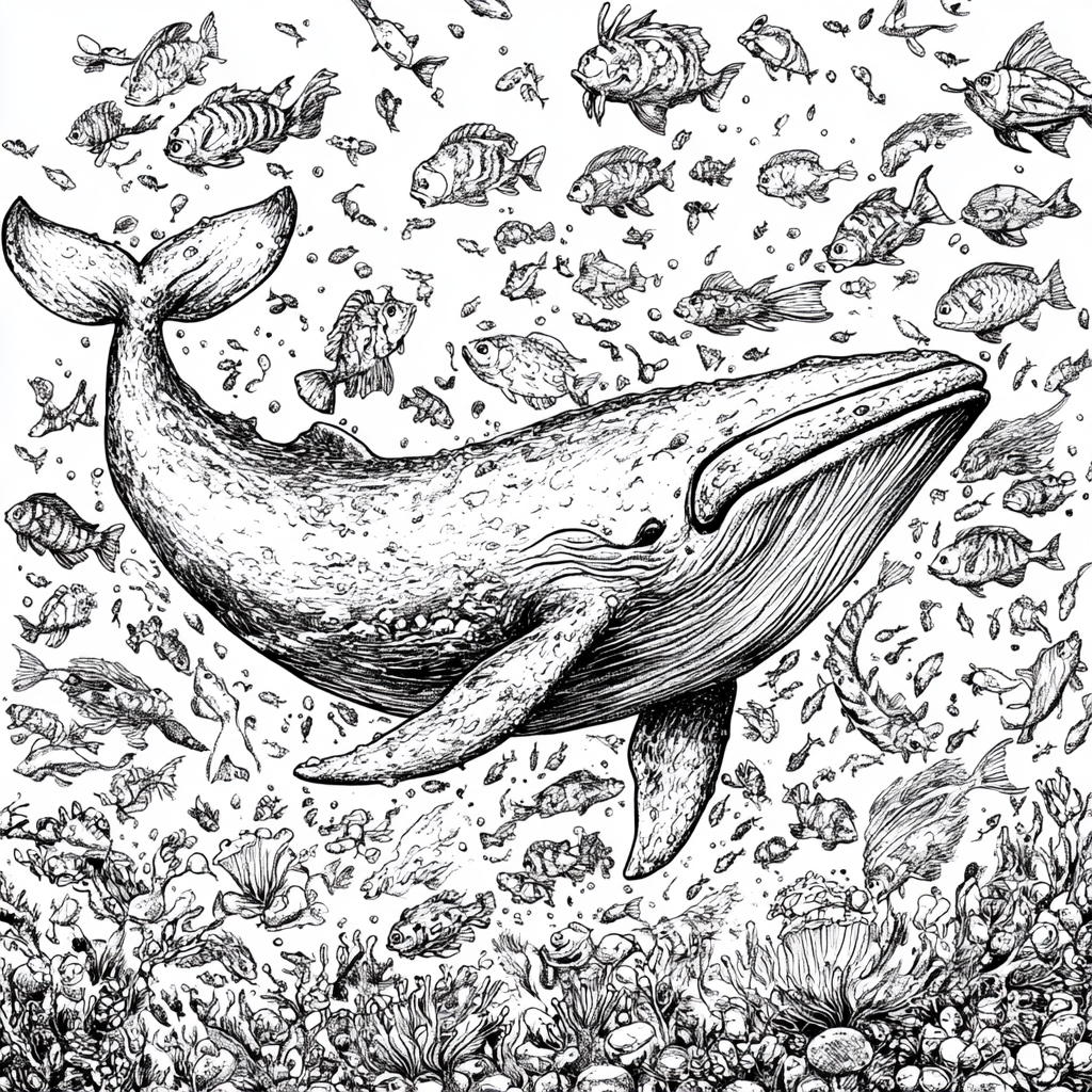 Baleen whale in sea with tropical fish. Black & white.