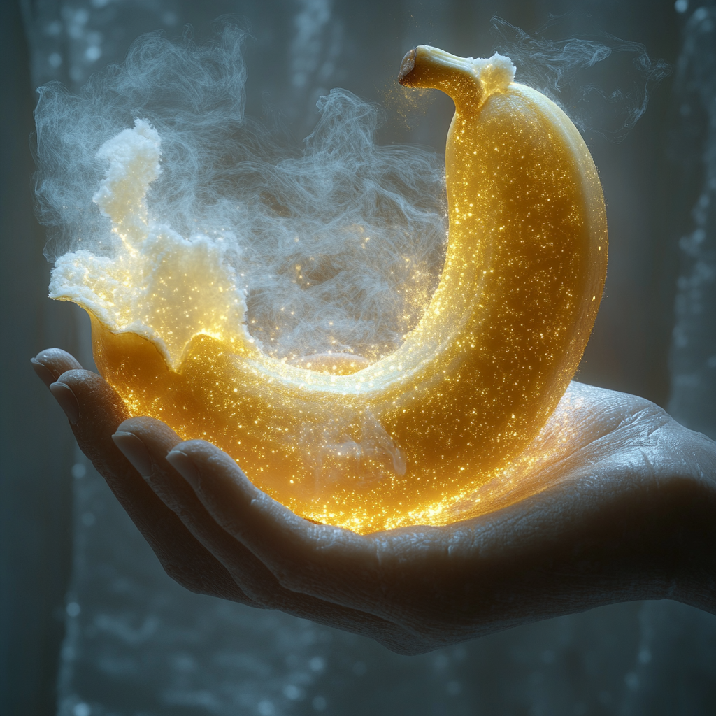 Banana in hand, skin peeled, emitting steam. Surrealistic.