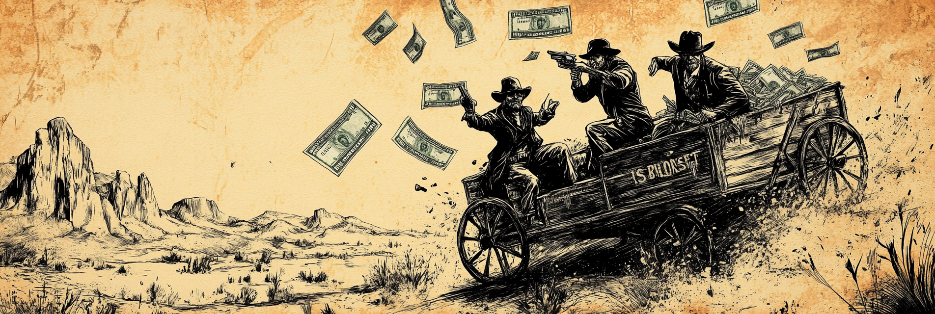 Bandits on wagon with cash, dollars flying behind.