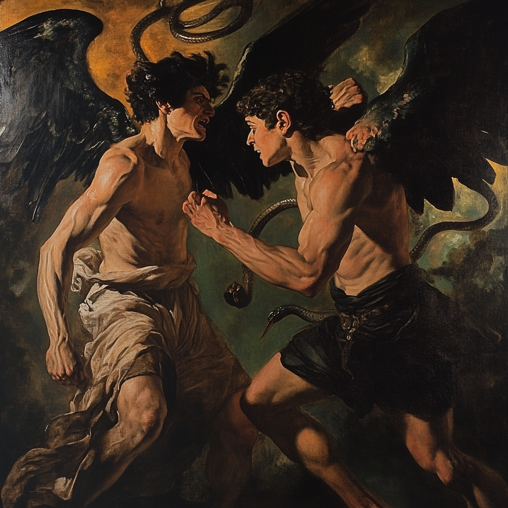 Battle between devil and angel in Caravaggio-style painting.