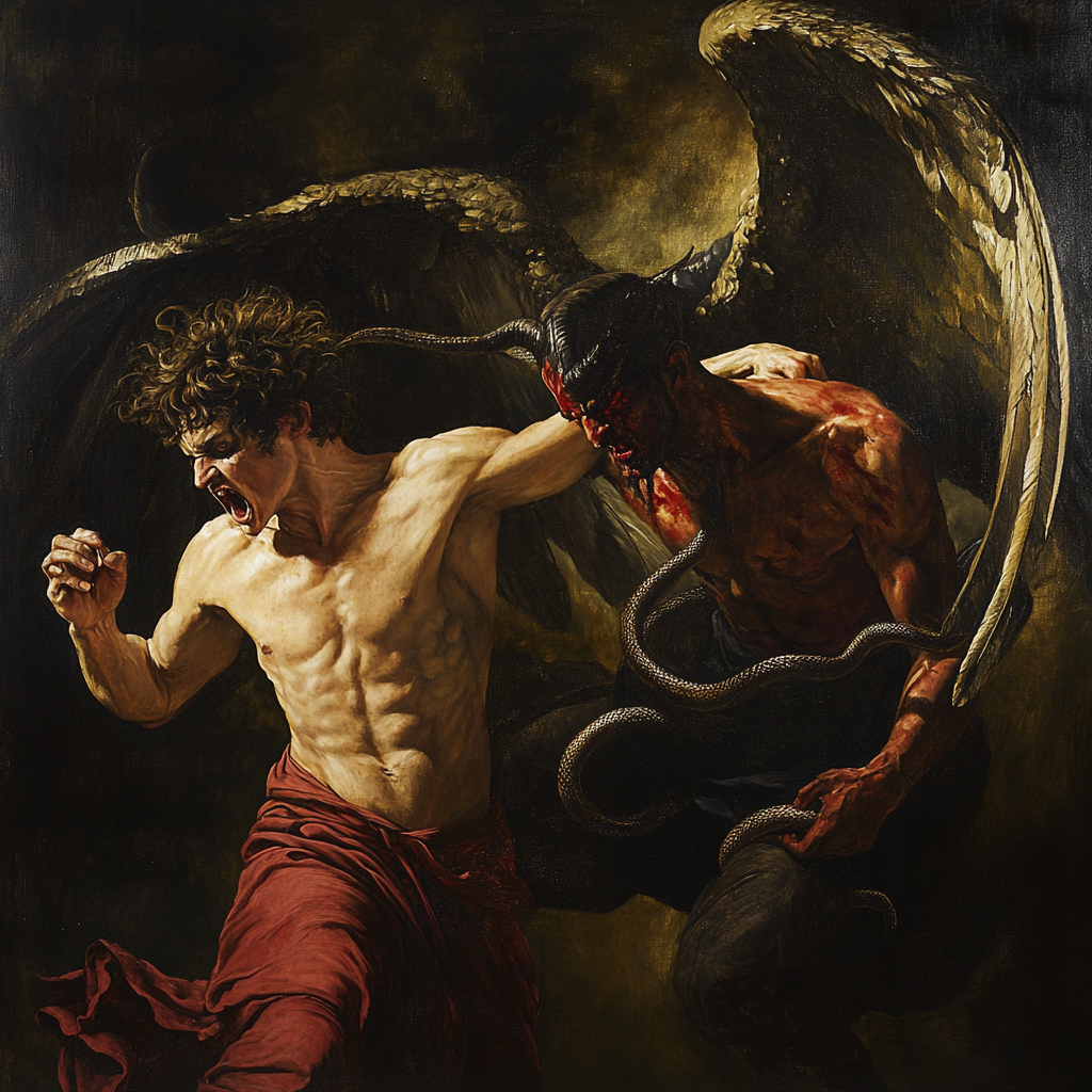 Battle of devil and angel in Caravaggio style painting.