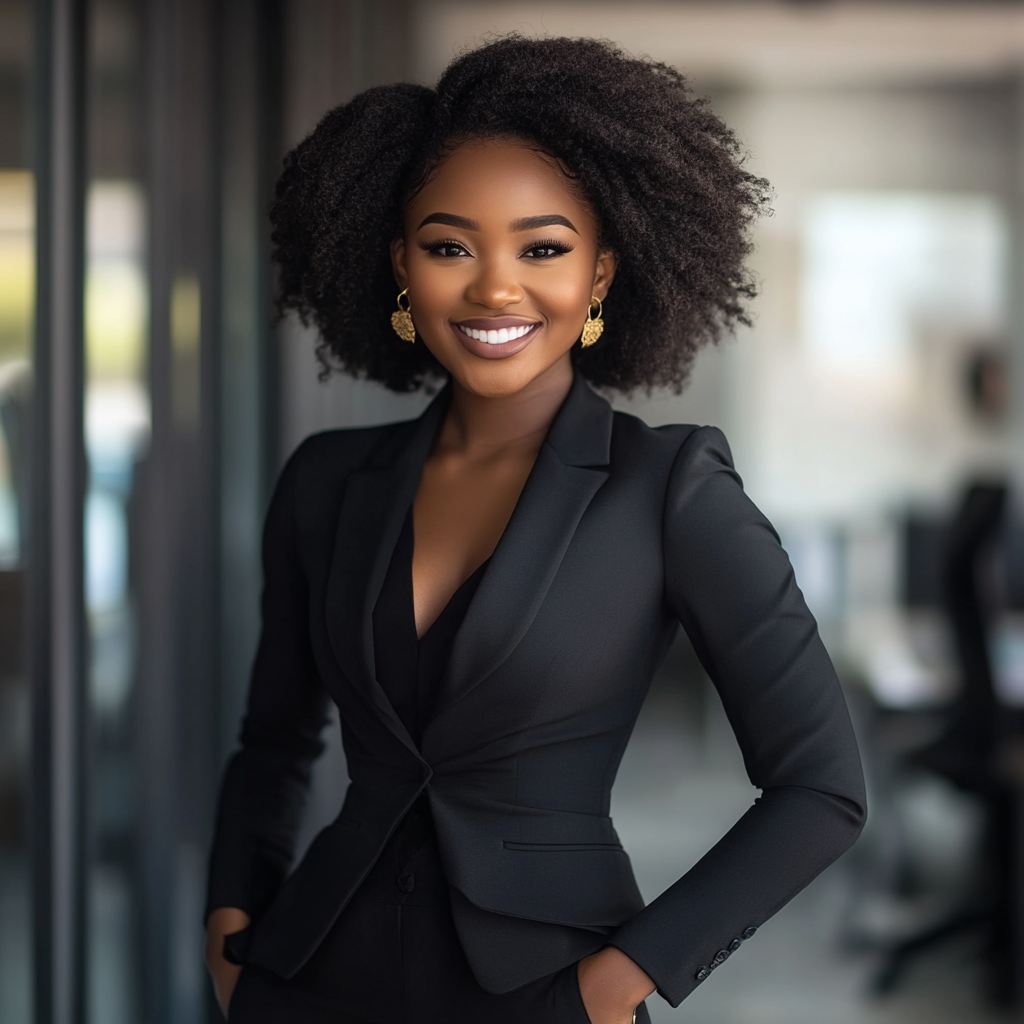 Beautiful African American girl in business suit smiling.