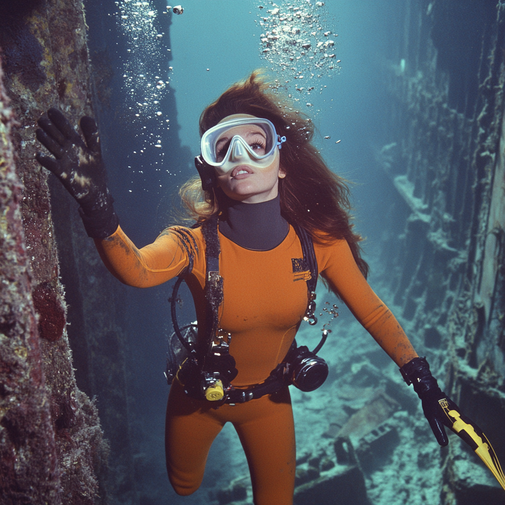 Beautiful brunette diver in sunken ship, reaching upwards gracefully.