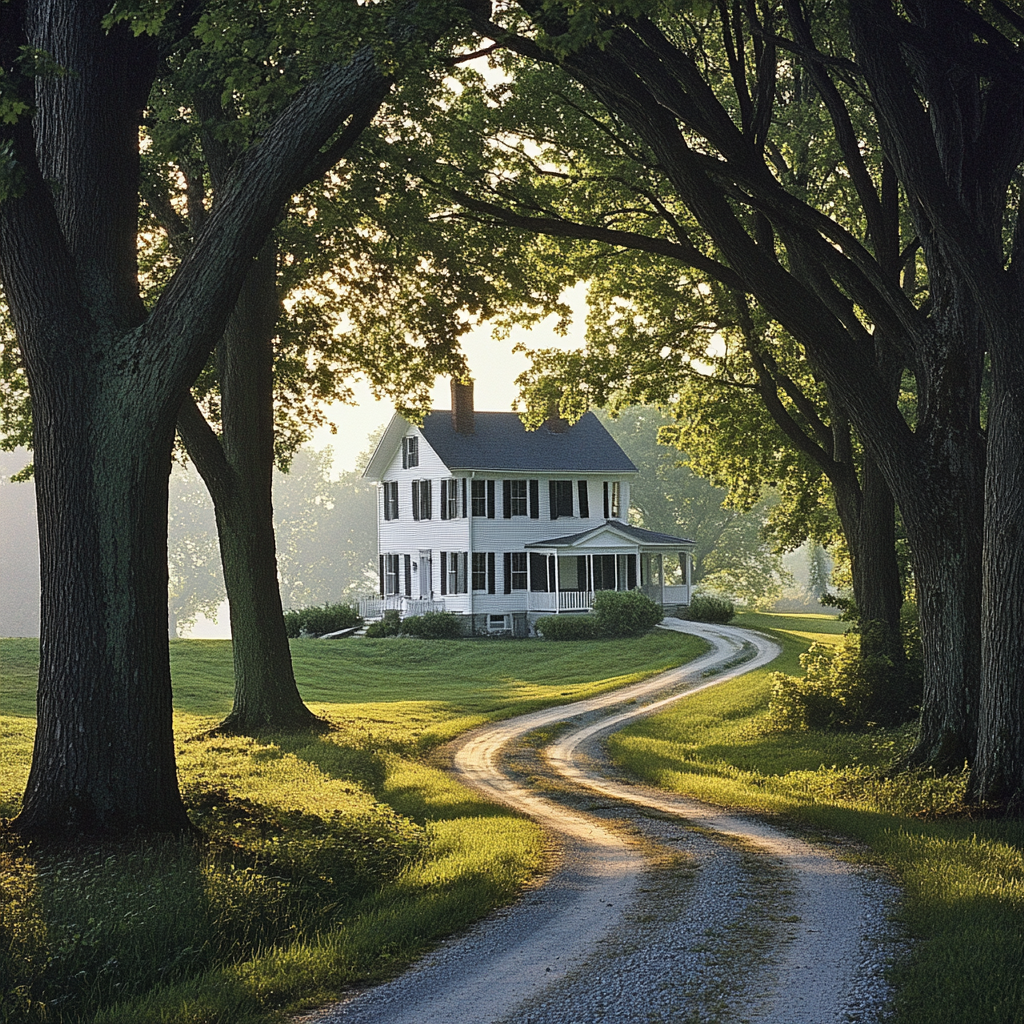 Beautiful farmhouse with trees, porch, and sunlight.