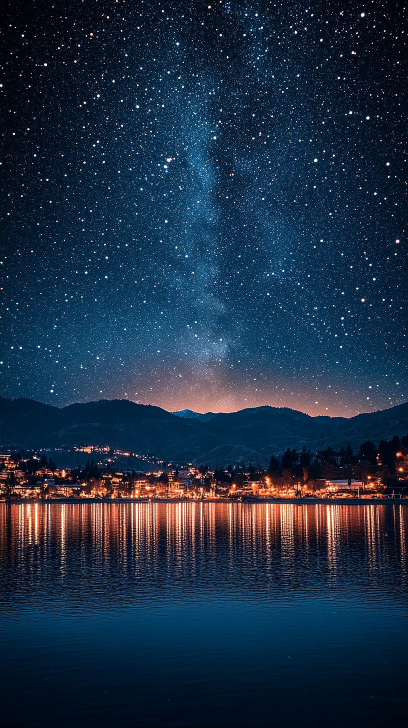 Beautiful night sky full of stars over California lake city.