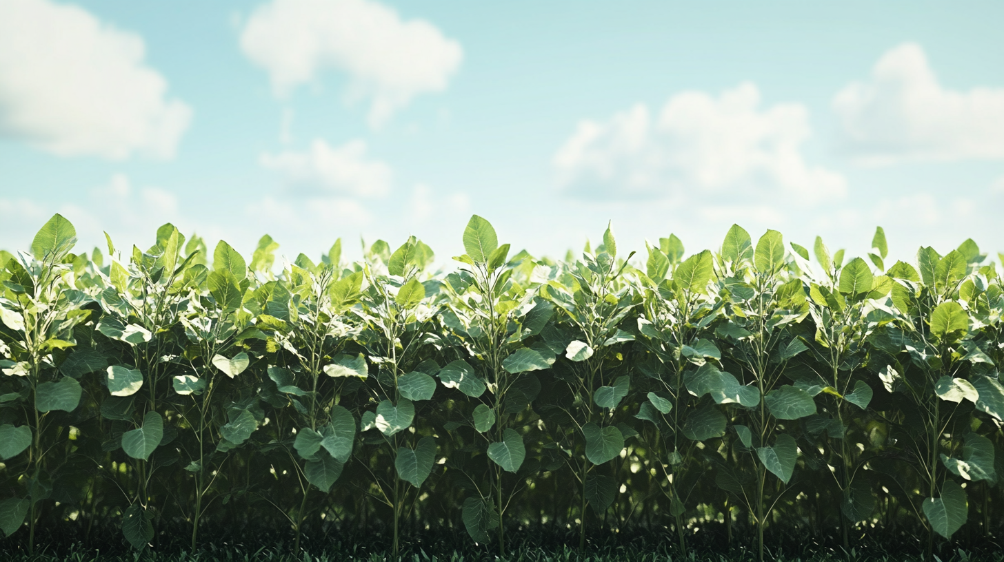 Beautiful soybean plantation, full and growing, symmetrical, realistic.