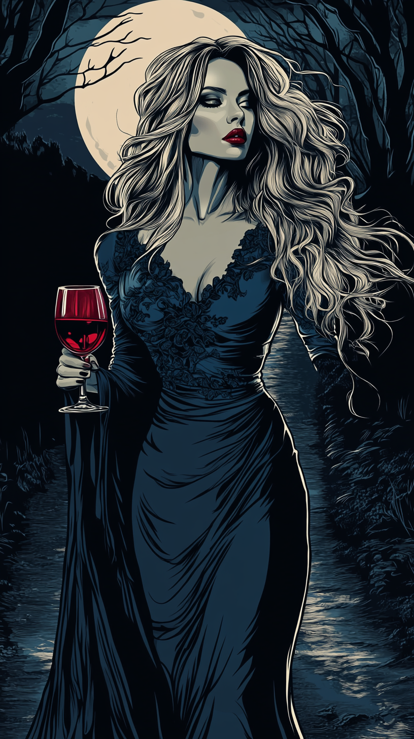 Beautiful woman with wavy hair holding wine glass.