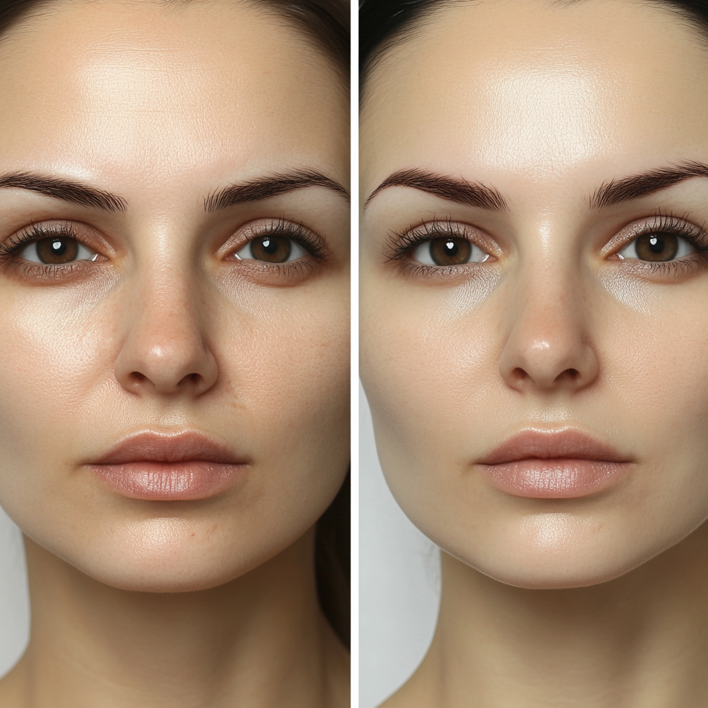 Before and after cosmetic procedure showing wrinkle removal.