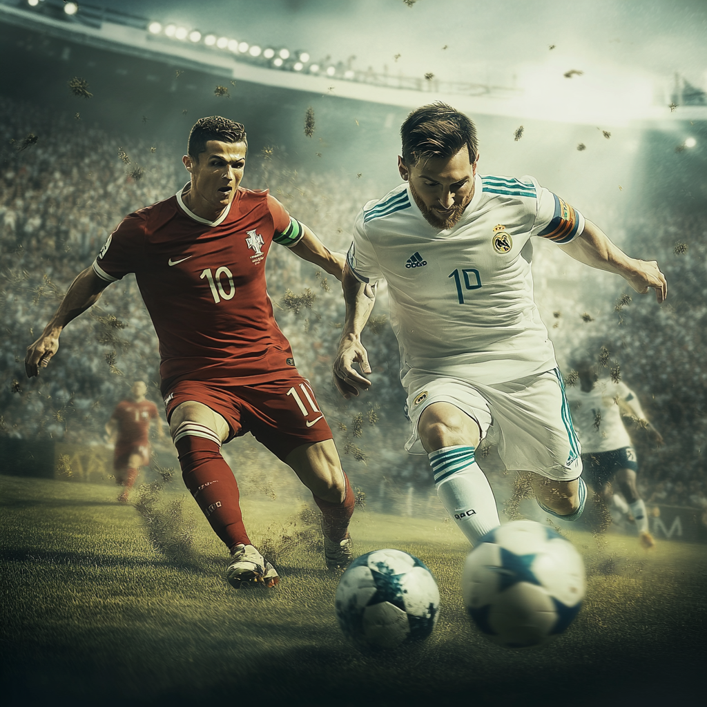 Big soccer game, World Cup excitement, Ronaldo vs. Messi.