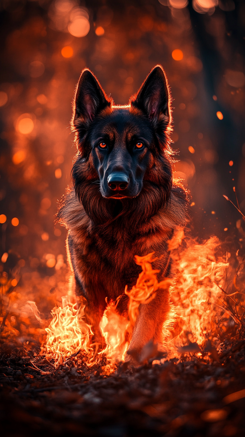 Black and red German Shepherd with fiery powers on fire.