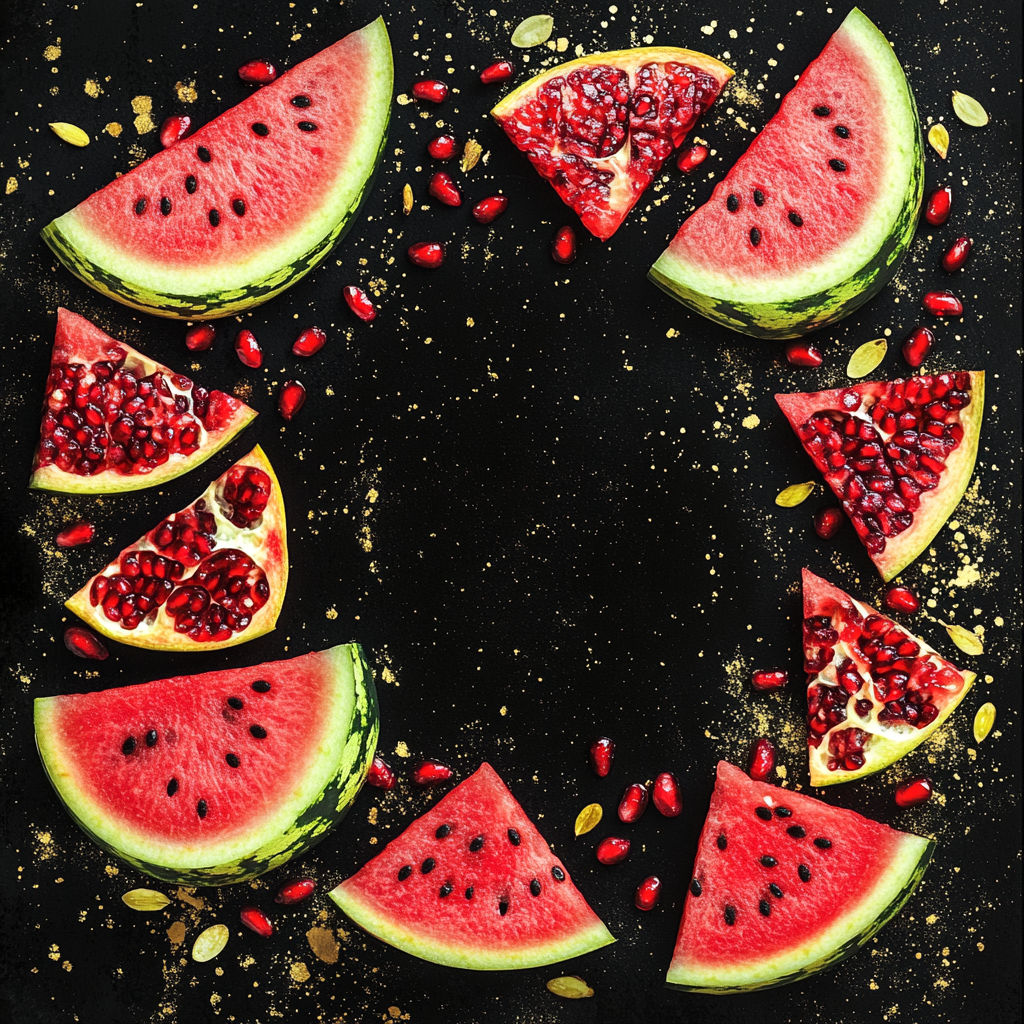 Black background with watermelon and pomegranate art, book space.