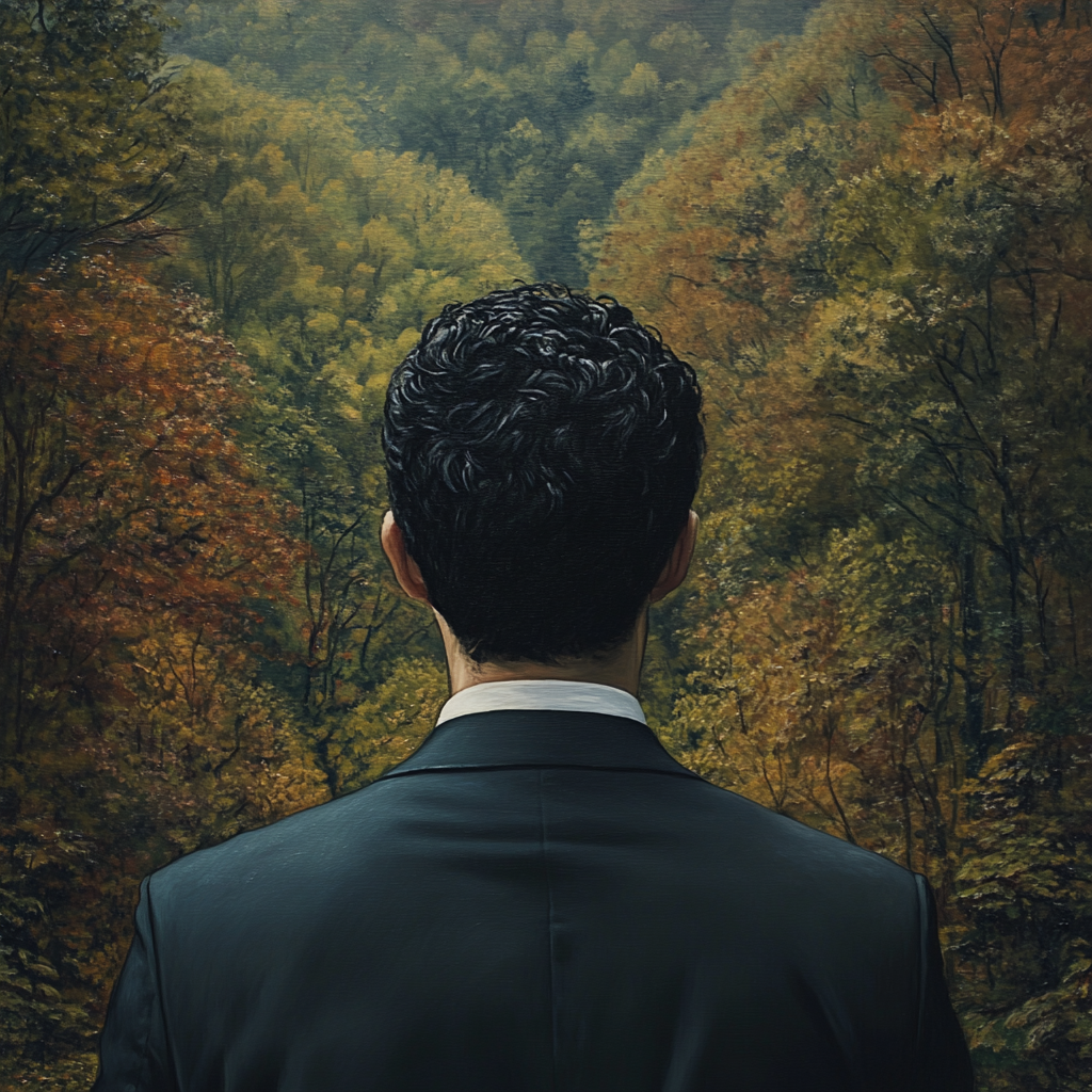 Black haired man in suit looking at forest.