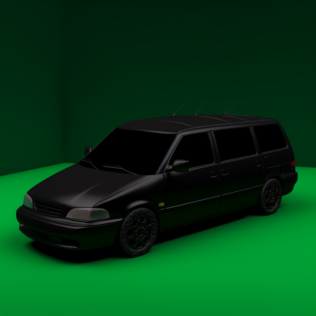 Black minivan on green background with glitchy pixelated design.