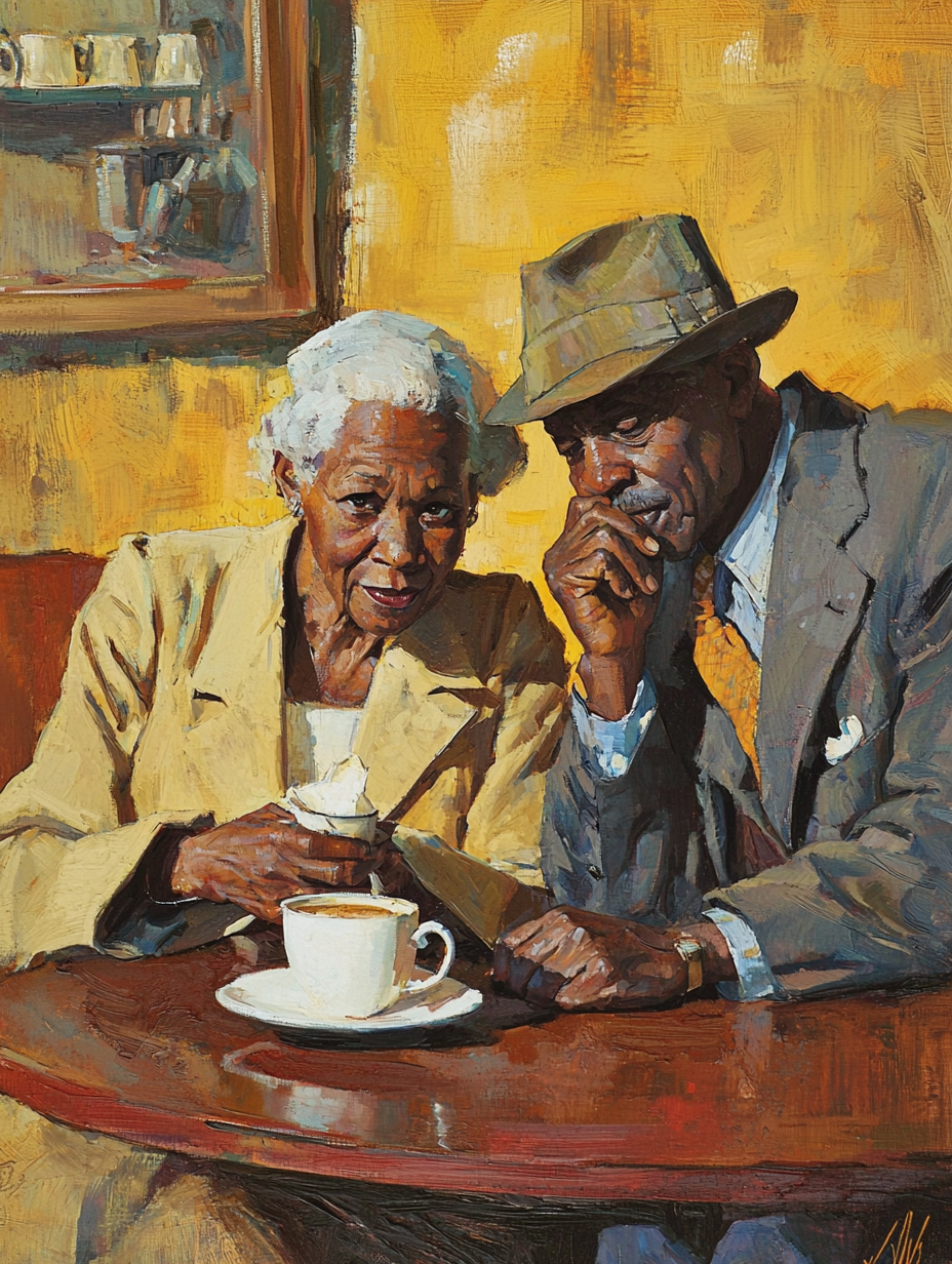 Black senior couple reading coffee, vintage book cover art.