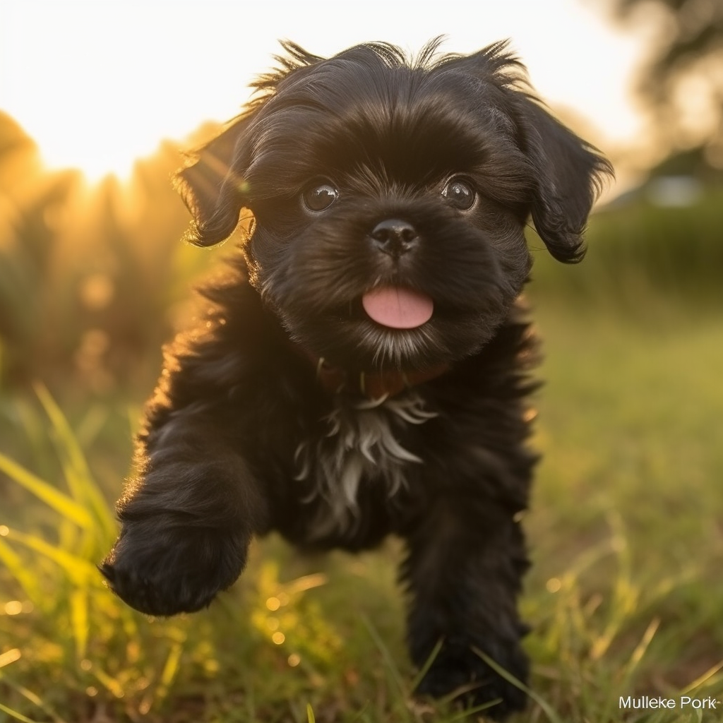 Black shih tzu puppy running on grass field