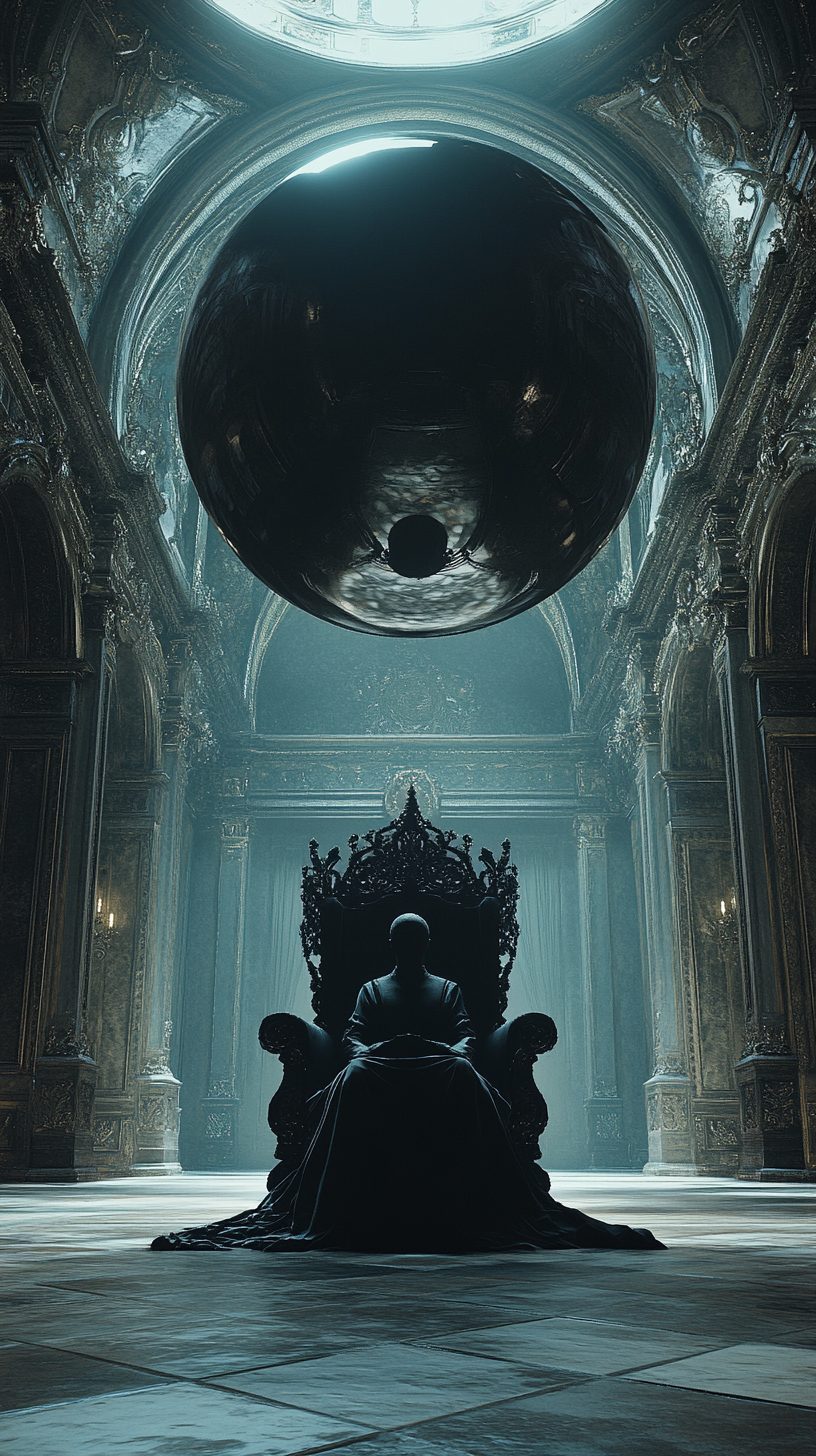 Black statue on throne in dark castle with shiny sphere.