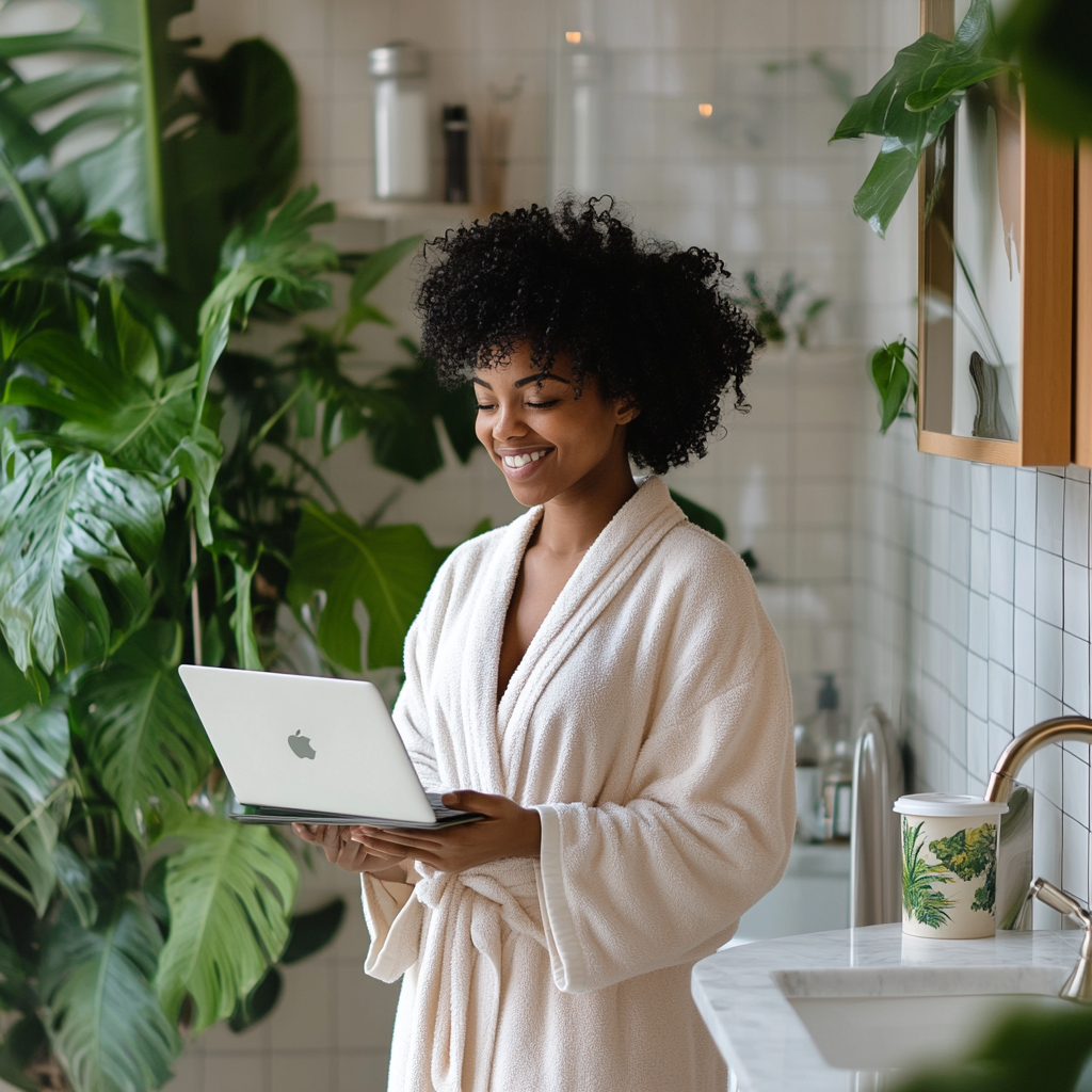 Black woman, robe, green plant, laptop, coffee mug, smile.