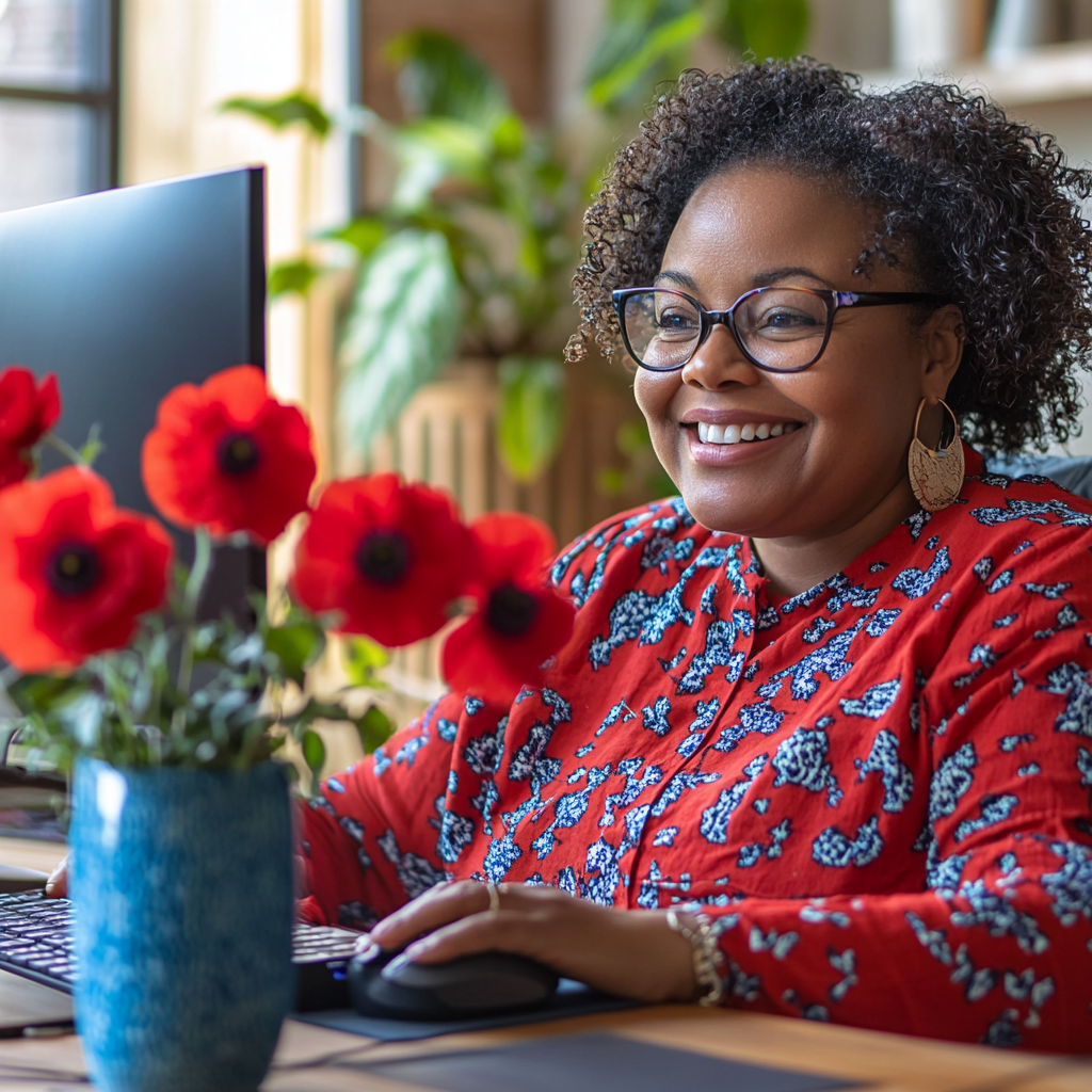 Black woman in red and blue smiling at computer.