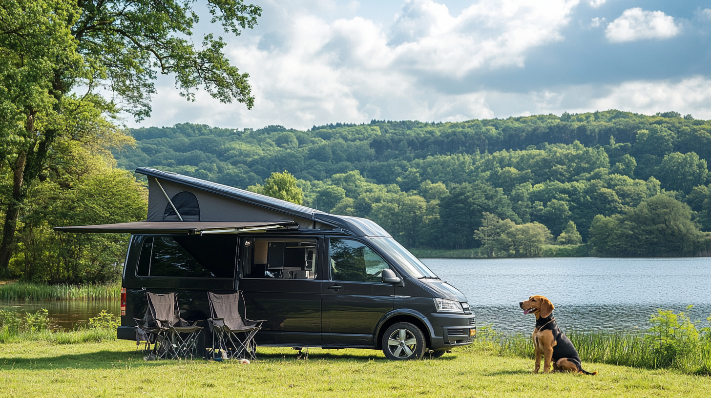 Blackberry Metallic 2014 T5 Transporter Camper Van with Cockapoo and Doberman by Lake - Raw Style 16:9AspectRatio