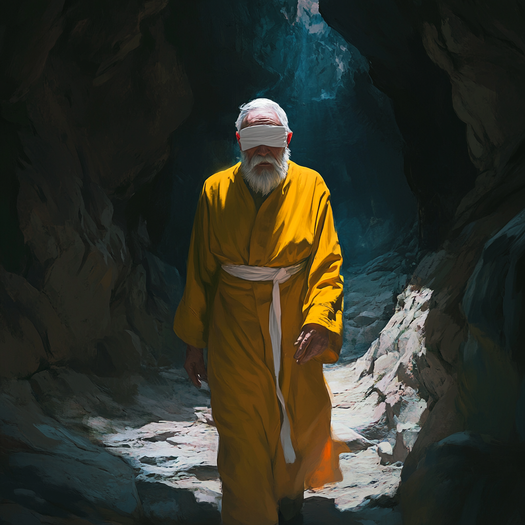 Blind old man in cave, colorful, dramatic lighting