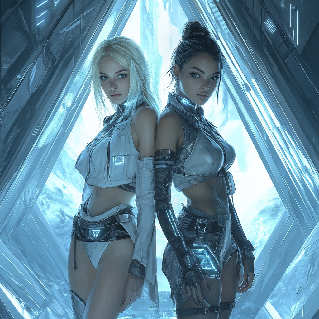 Blonde and Dark-haired Women in Futuristic Clothes