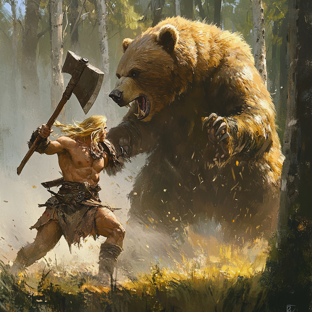 Blonde barbarian with two-handed axe battles bear 