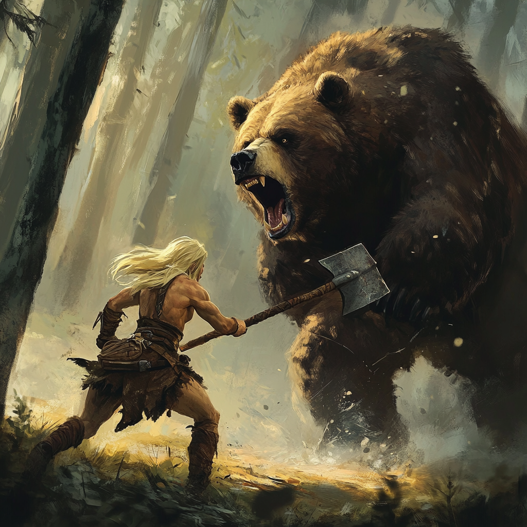 Blonde barbarian with two-handed axe vs angry bear